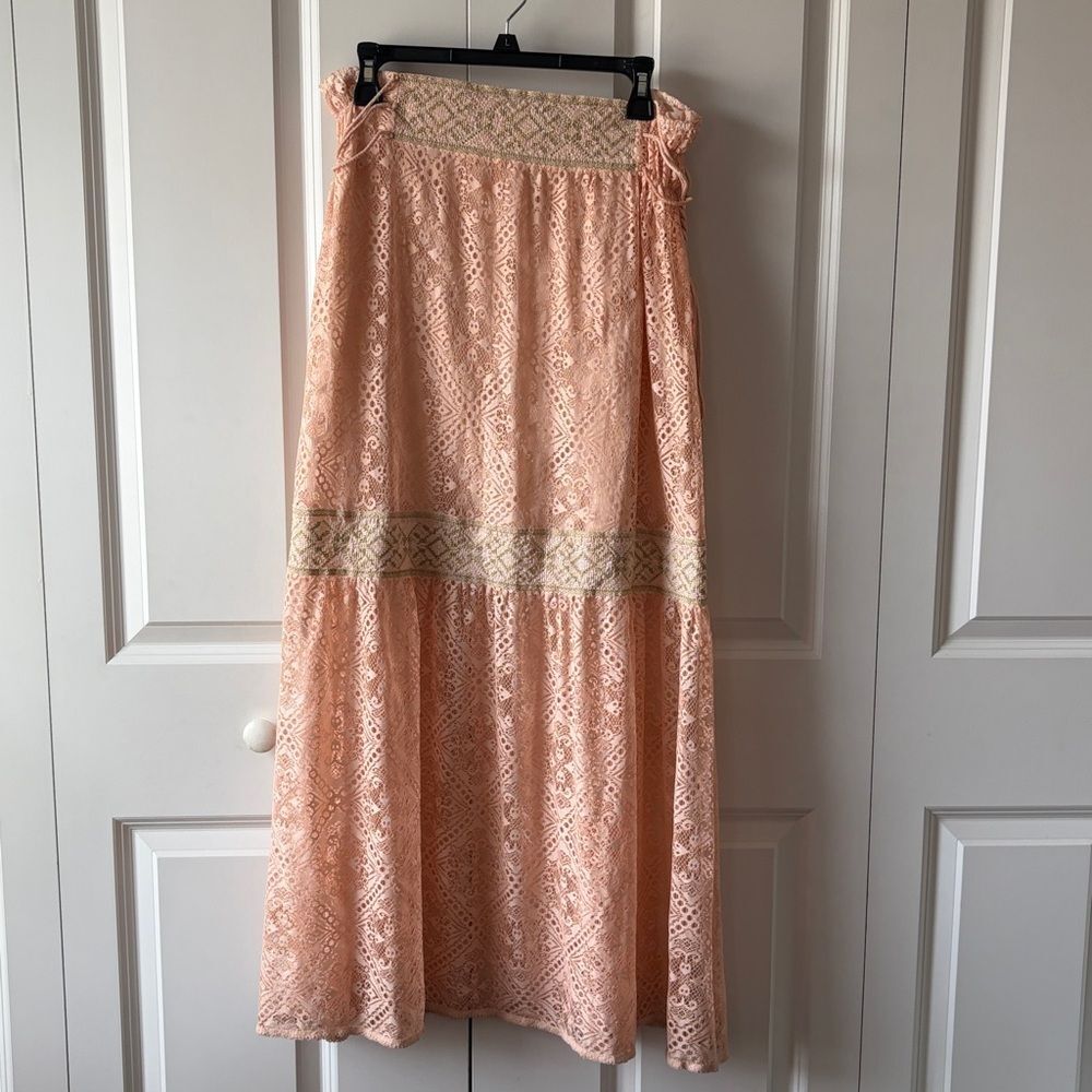 Anthropologie Queen & Pawn Pink Lace Maxima Maxi Long Boho Skirt Size Small